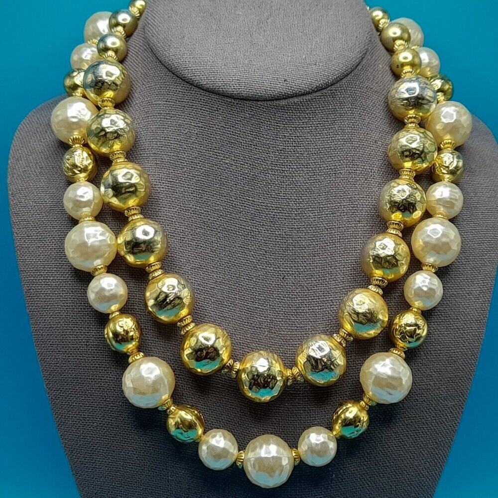 Mid-Century Two Strand Large Bead Necklace, Faux Pearls, Gold Globe Beads, 18 In